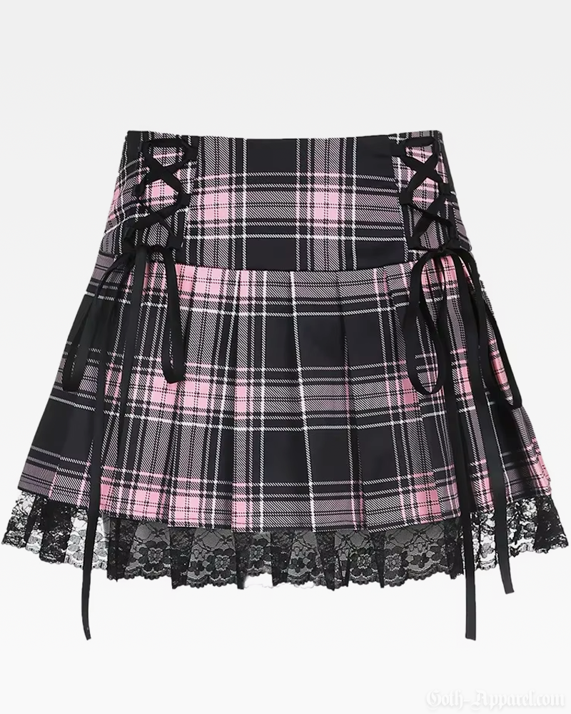 Pink And Black Plaid Mini Skirt