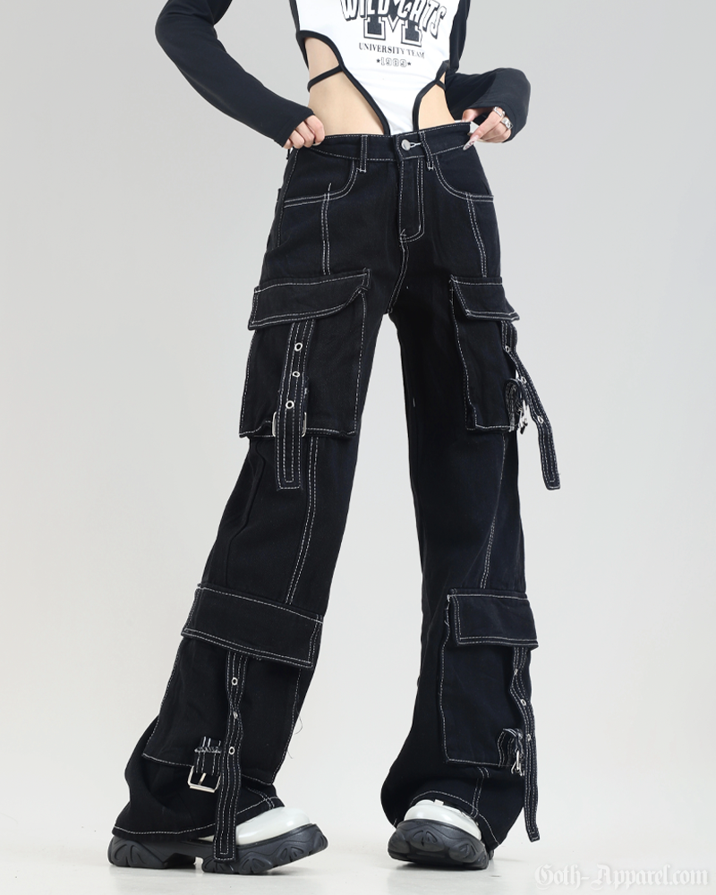 Black Cargo Pants With White Stitching