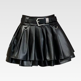 Black Leather Pleated Mini Skirt
