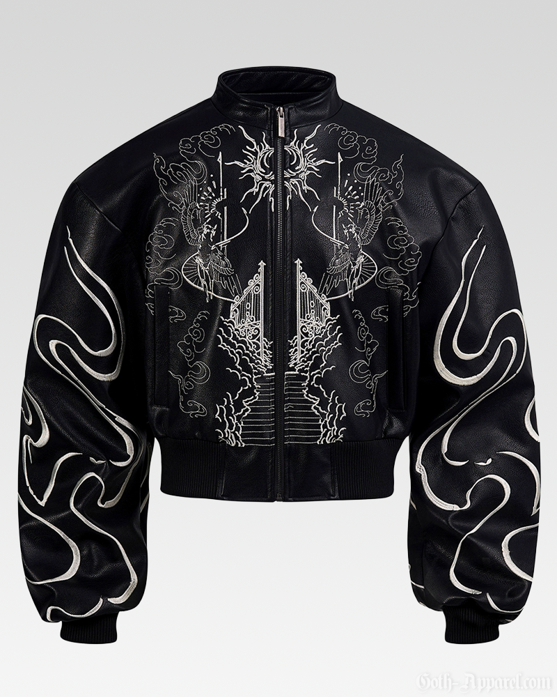 Embroidered Leather Bomber Jacket