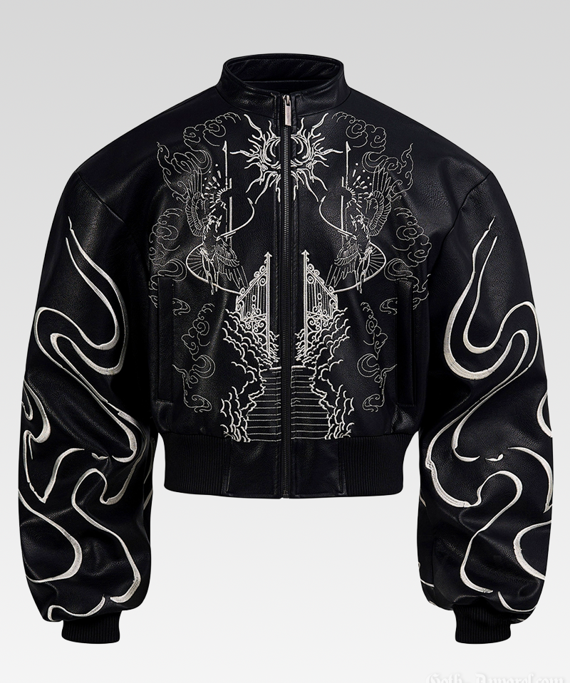 Embroidered Leather Bomber Jacket