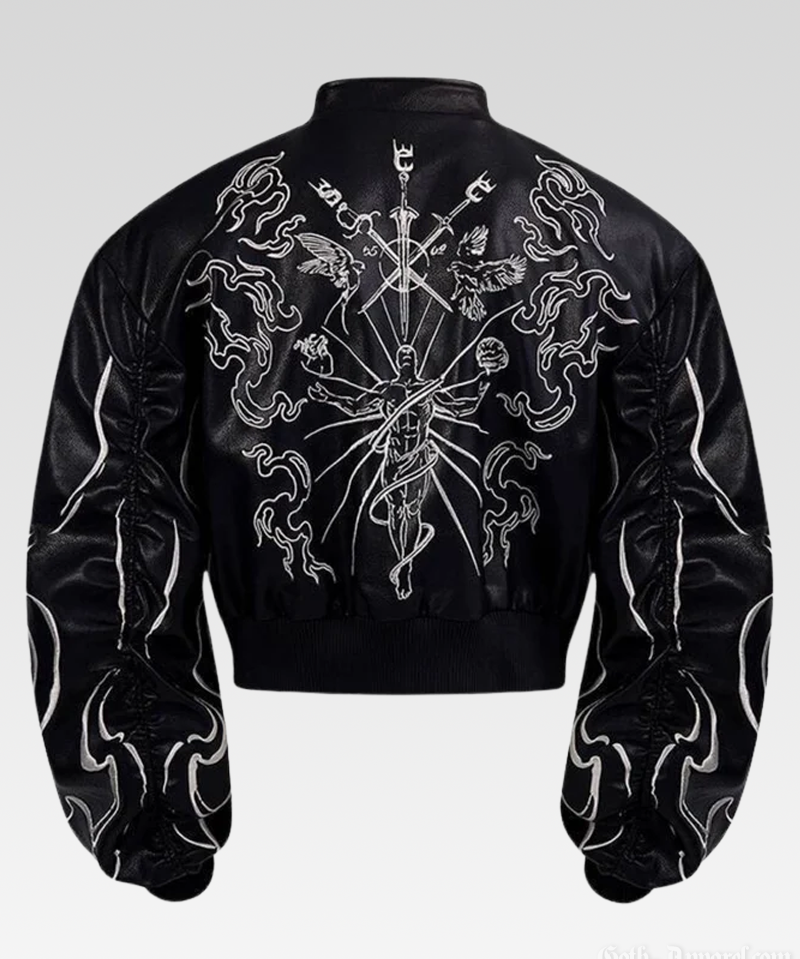 Embroidered Leather Bomber Jacket