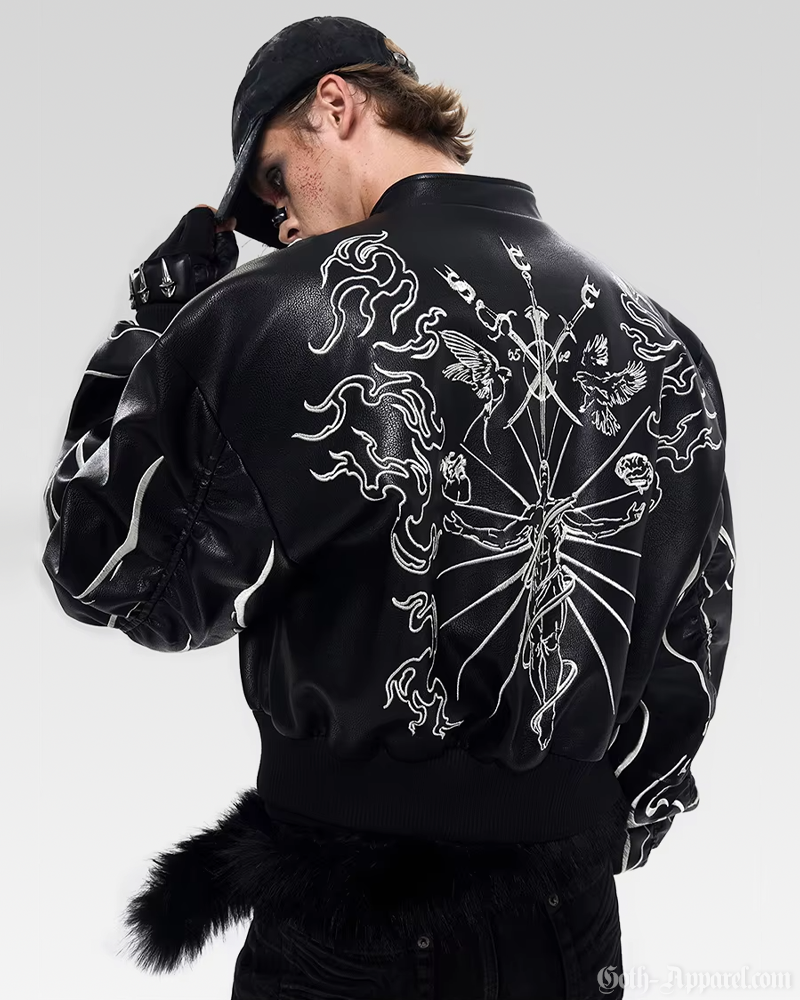 Embroidered Leather Bomber Jacket