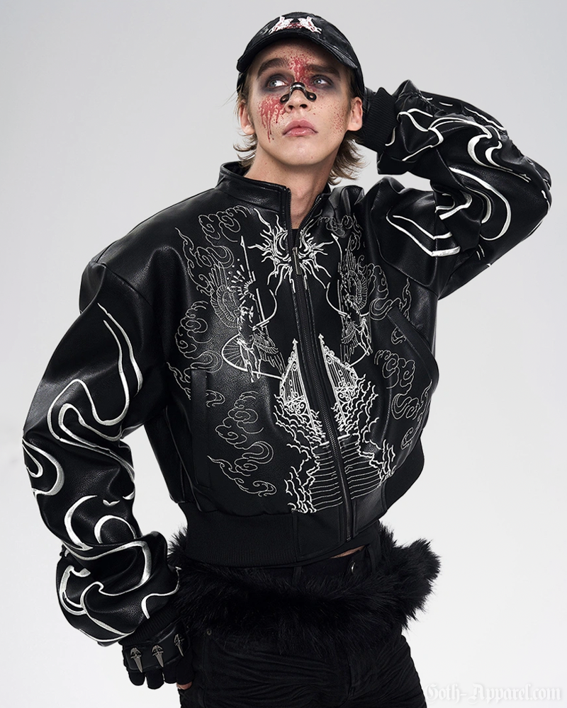 Embroidered Leather Bomber Jacket