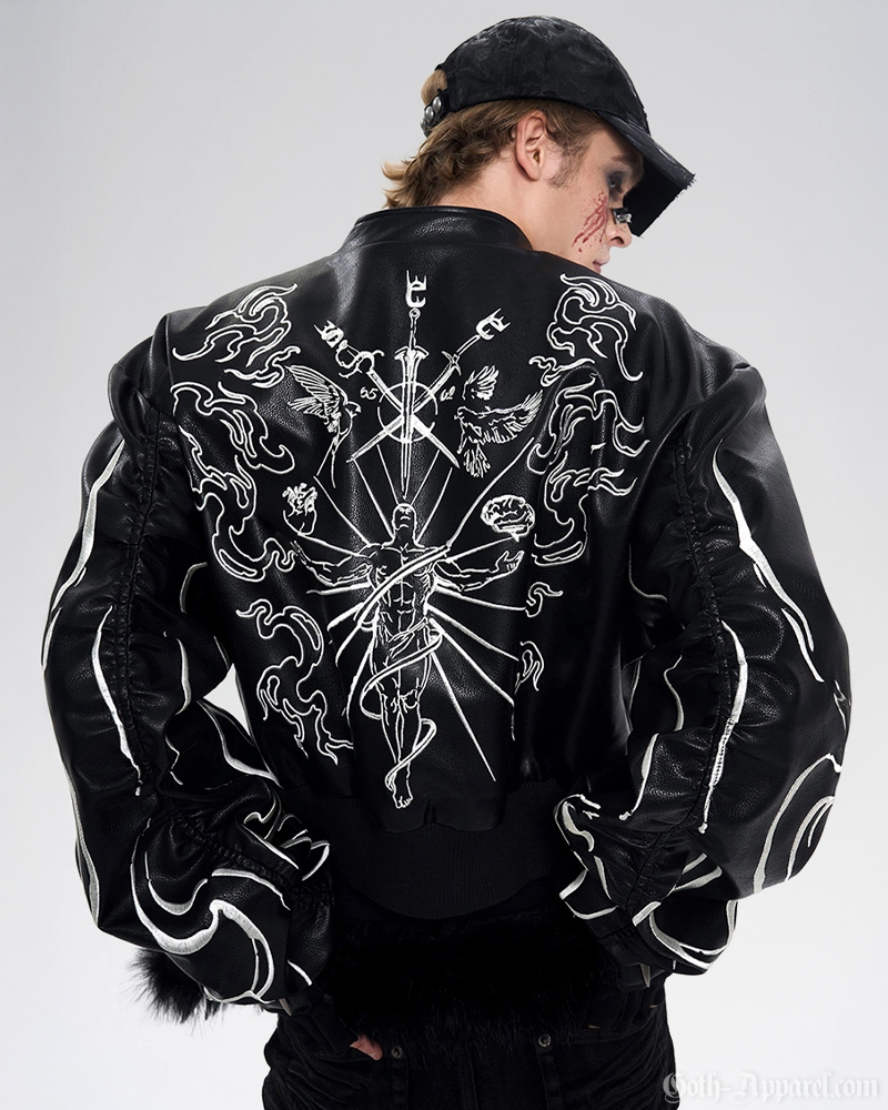 Embroidered Leather Bomber Jacket