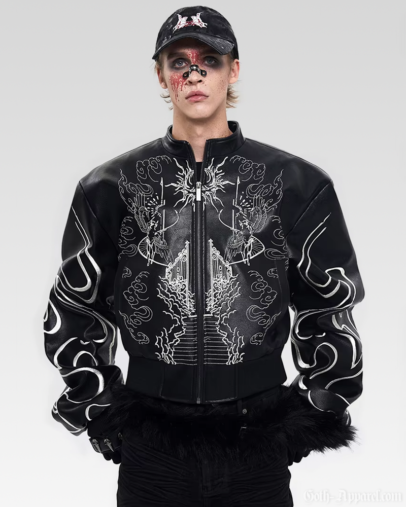 Embroidered Leather Bomber Jacket