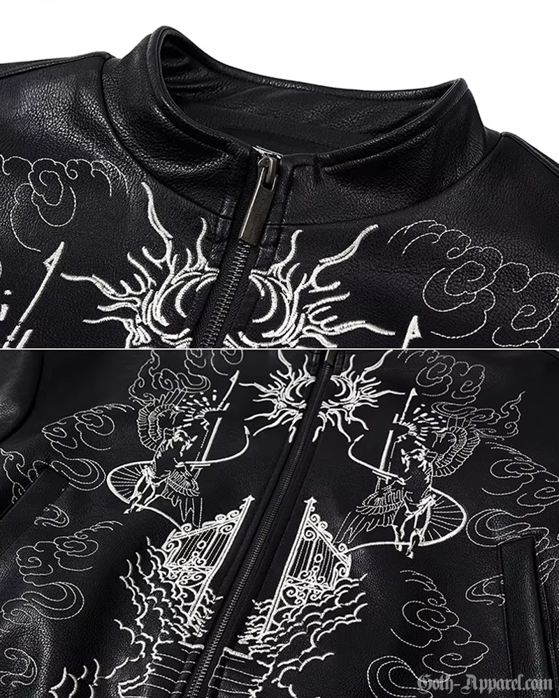 Embroidered Leather Bomber Jacket