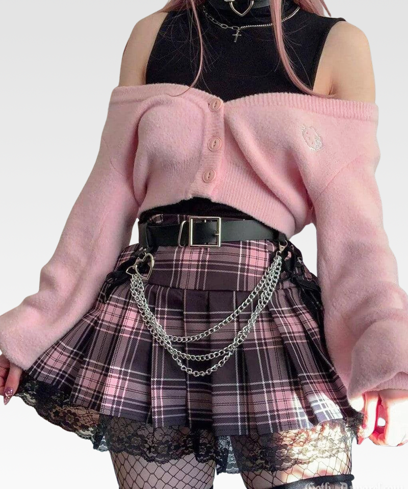 Pink And Black Plaid Mini Skirt