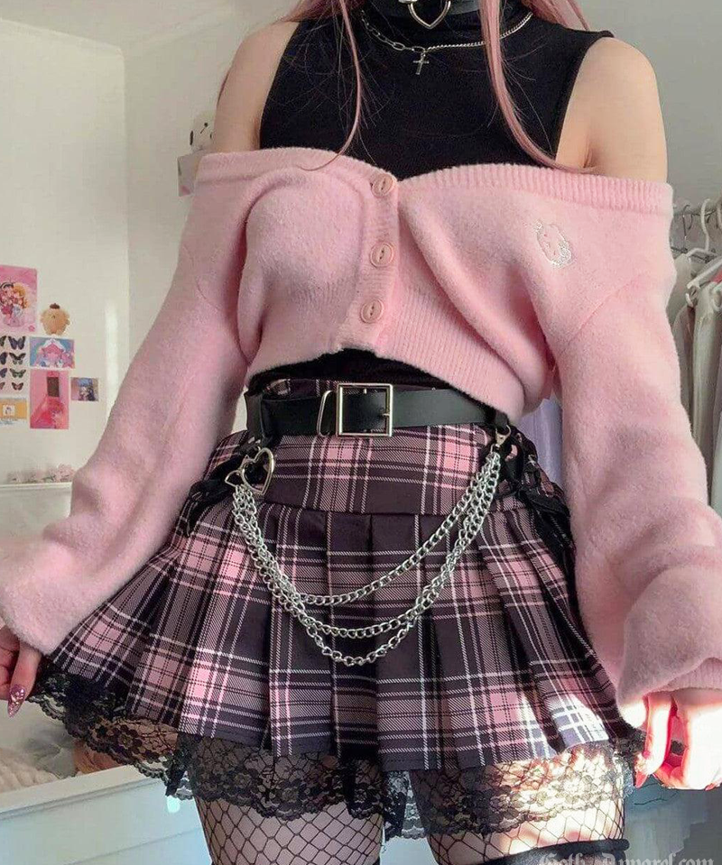Pink And Black Plaid Mini Skirt