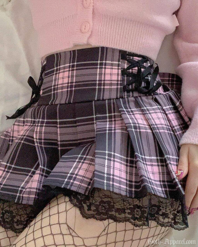 Pink And Black Plaid Mini Skirt